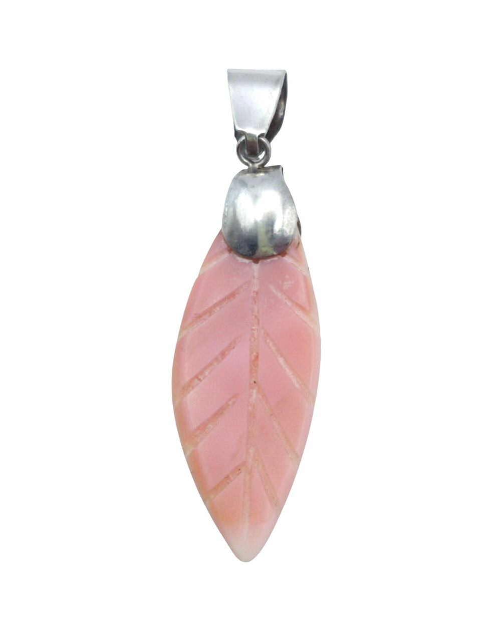 Handmade 925 Silver Carved Shell Pink Leaf Pendant Marquise Boho Necklace